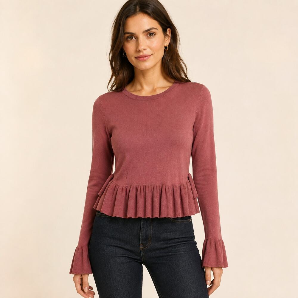 Joie Iona Dusty Rose Wool Silk Ruffle Peplum Sweater S